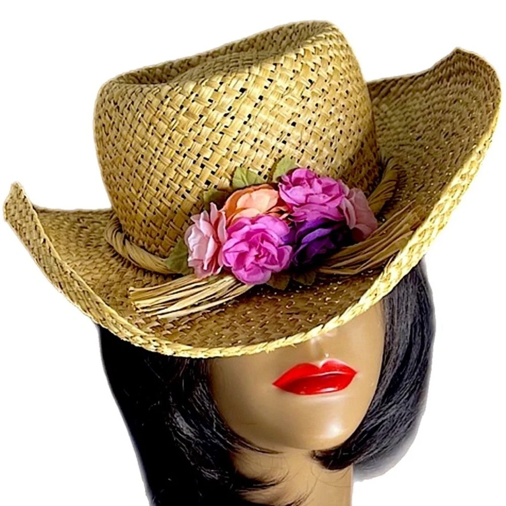 Natural Straw Western Brim Hat with Flowers